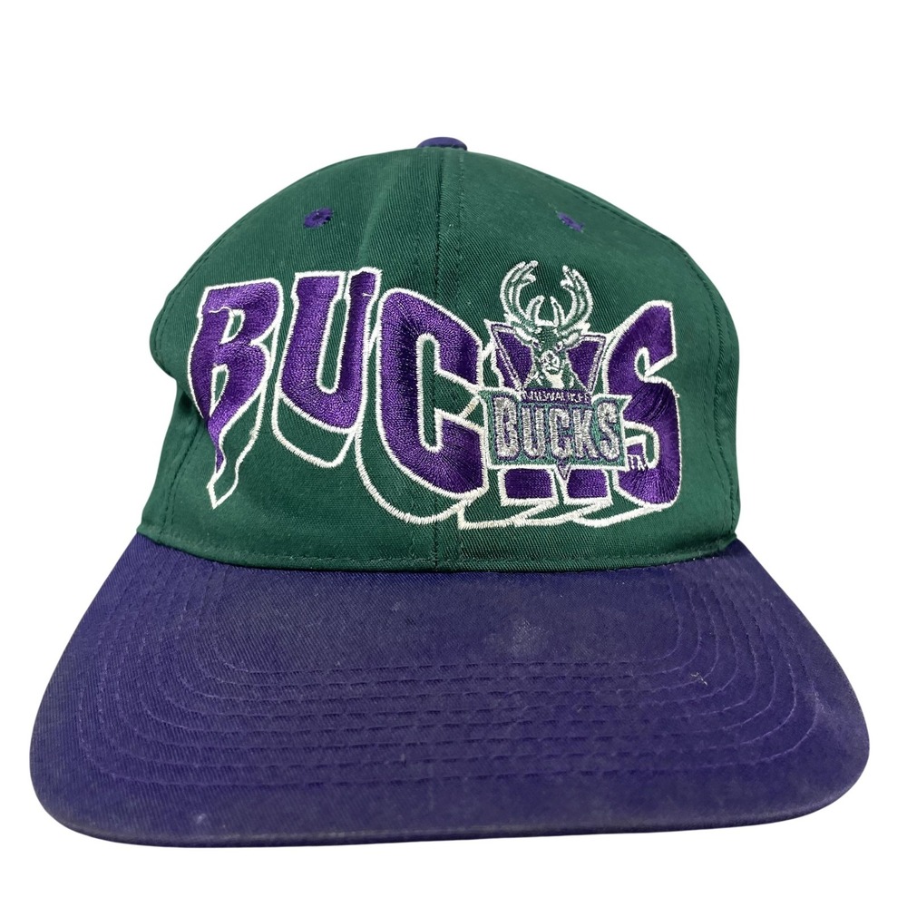 Vintage NBA Milwaukee Bucks G Cap Green Purple Script Wave Snapback Hat Cap RARE
